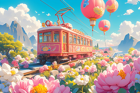 火车与花海里的童话世界高清图片