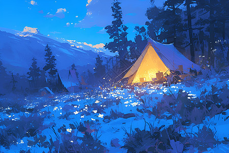 夜晚篝火中的帐篷图片