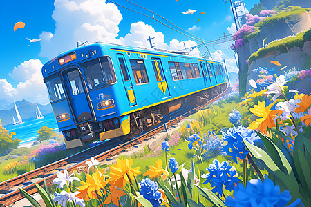 蓝色火车穿越盛开的风信子图片