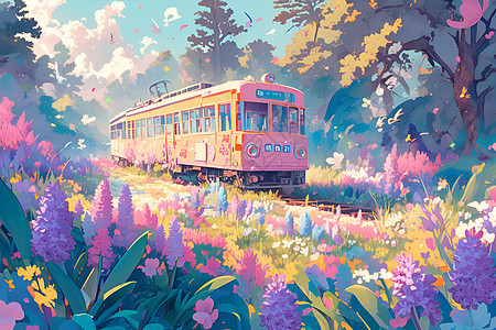 火车穿行于繁花盛开的丛林中图片