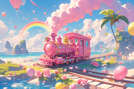 粉色火车沿着海滩行驶的插画图片