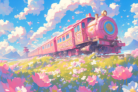 粉色火车穿过盛开的花朵图片