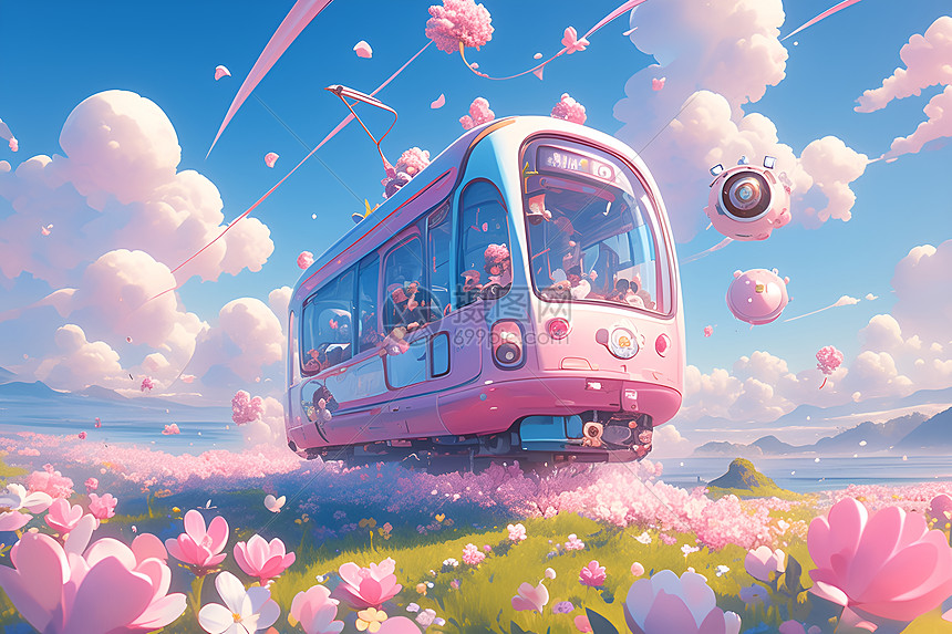 粉色小火车穿越翠绿草地鲜花图片