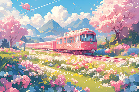粉色薰衣草樱花中的粉色火车插画