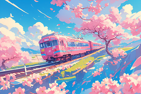 梦幻粉色火车穿越花海图片