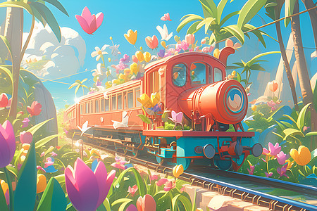 粉色火车穿越花草丛图片