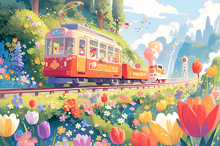 粉色火车穿过郁郁葱葱的乡村图片