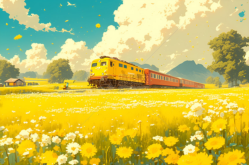 黄色列车穿梭在油菜花田图片