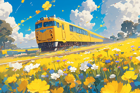 满山遍地油菜花的黄色小火车图片
