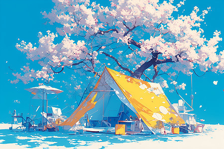 樱花树下的露营帐篷图片