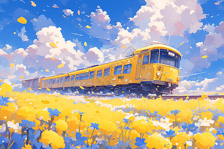 黄色火车穿过油菜花海图片