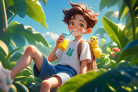 小男孩在丛林中品尝柠檬汁图片