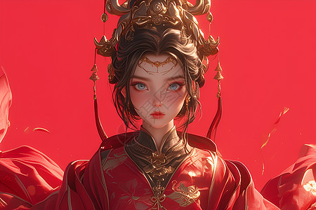 红衣少女的美丽插画图片