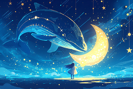 神秘梦幻的女孩和鲸鱼背景图片