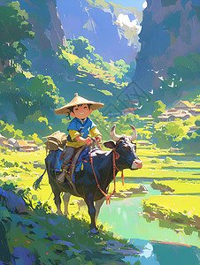 山水间的骑牛牧童背景图片