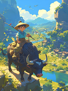 牛背上的牧童背景图片
