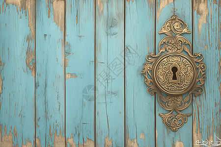 蓝色木门上的锁图片