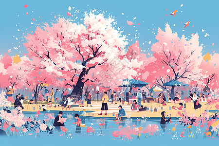 千萬游人樱花树下的游人插画