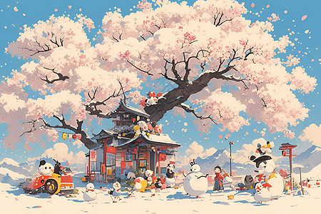 樱花树下的雪人图片