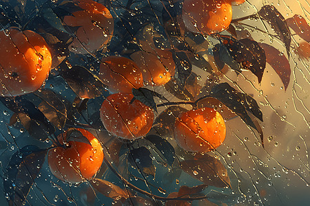 雨中的柿子树图片