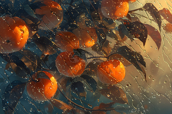 雨中的柿子树图片