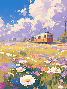 百花盛开的春日列车图片