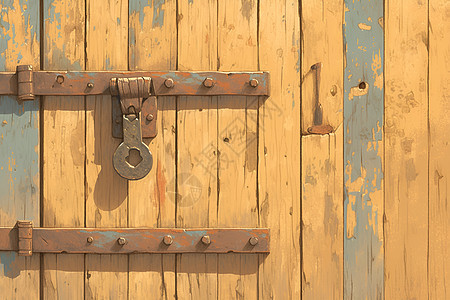 木门上的金属挂锁背景图片