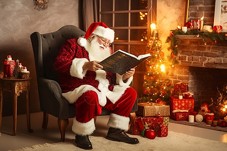 圣诞老人坐在沙发上看书图片