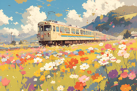 花海中的列车背景图片