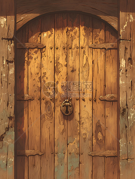古朴的木门和锁图片
