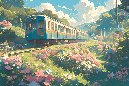 花海中的火车背景图片