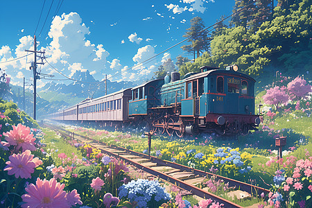 火车穿越花海的景色图片