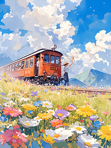 花海中的列车背景图片