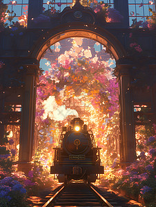 花海隧道中的火车背景图片