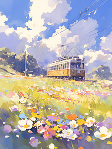 绚丽春日火车穿越花海图片