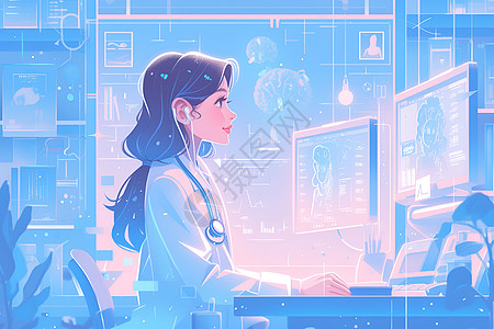 医生使用电脑使用电脑的女医生插画
