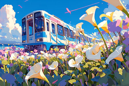 花海中的火车插图图片