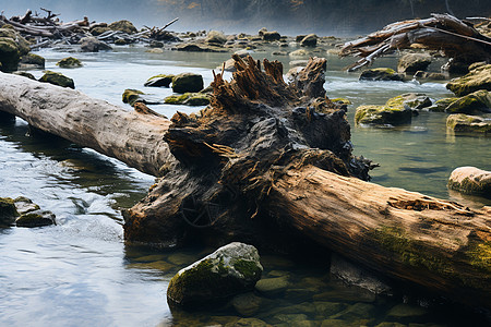 河流中腐朽的木头高清图片