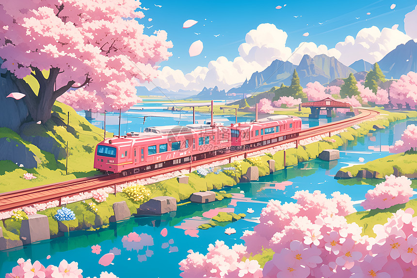 粉色列车穿梭花海图片
