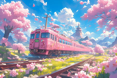 火车穿梭樱花树木图片
