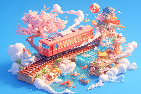 火车穿行在樱花之间图片