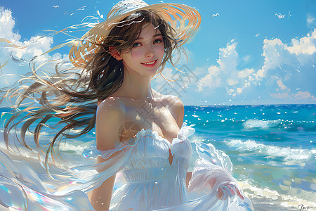 蓝天海滩上的美丽女孩图片