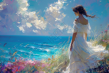 在海边的女孩优雅的白裙少女站在海边插画