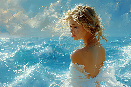 白裙少女站在海浪里图片