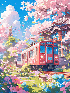 粉色火车穿越鲜花图片