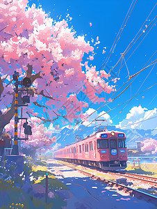 樱花下的粉色列车图片