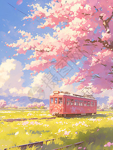 火车穿梭在樱花间图片