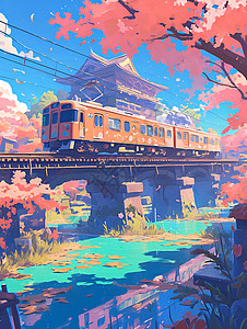 桥上的粉色火车图片