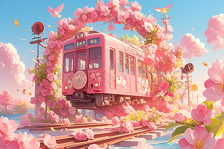 春天景色穿行的火车插画