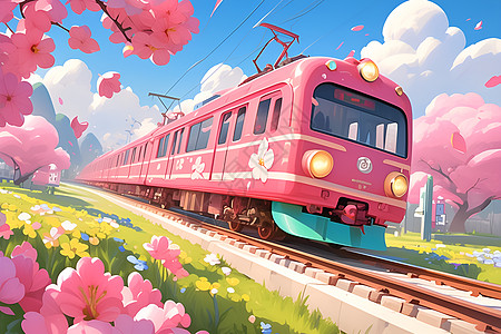粉色火车驶过花田高清图片